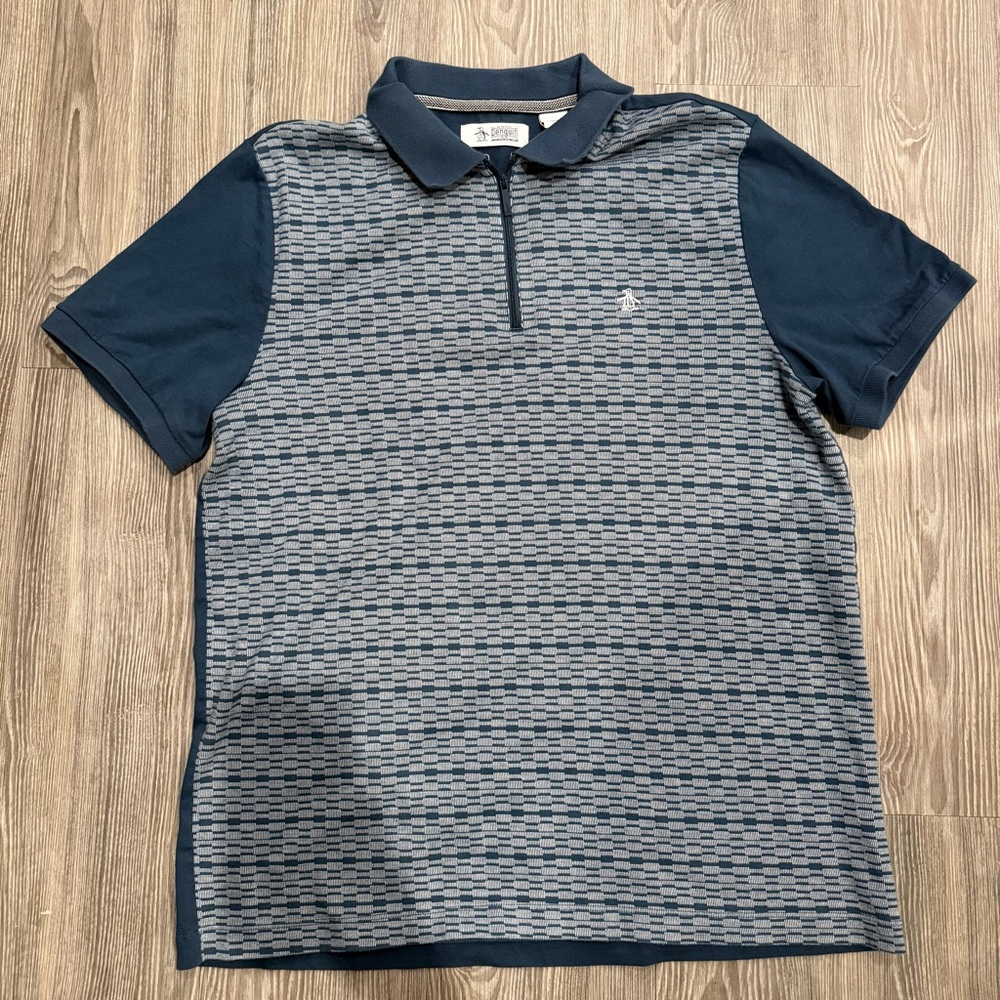Original Penguin Jacquard Zip Polo Mini Stripe Blue Men’s EUC XL
